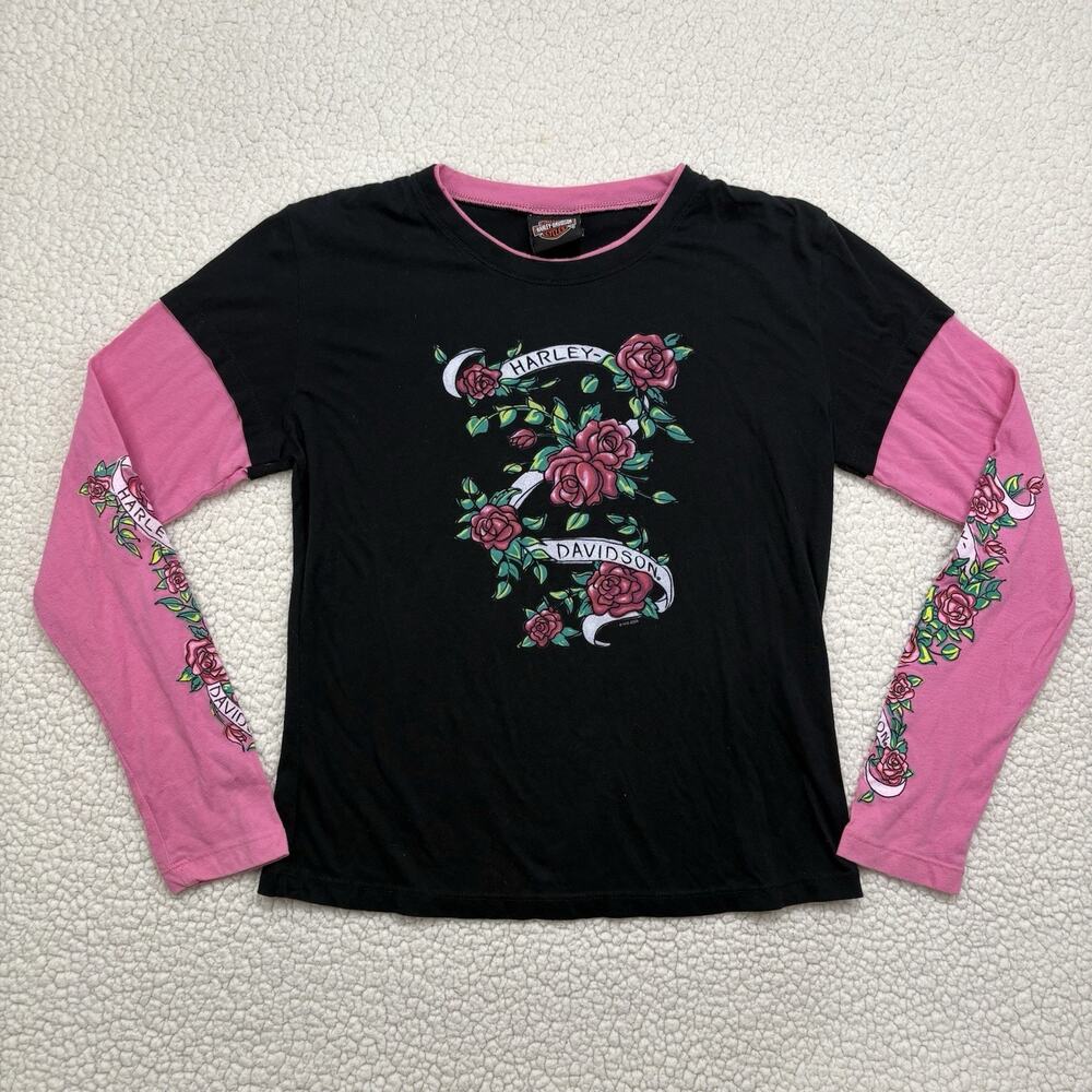 Harley-Davidson Y2K Rose Long Sleeve T-Shirt Black Pink Biker Moto Womens M 2006
